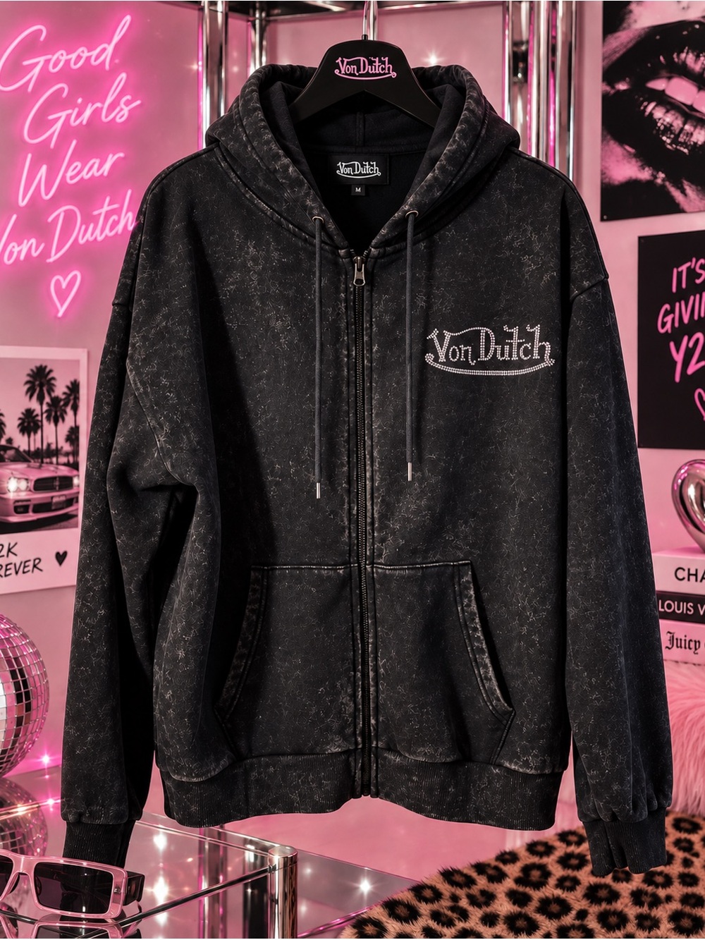 Von Dutch Rhinestone Full-zip Acid-washed Oversized Hoodie - Picture 2 of 6